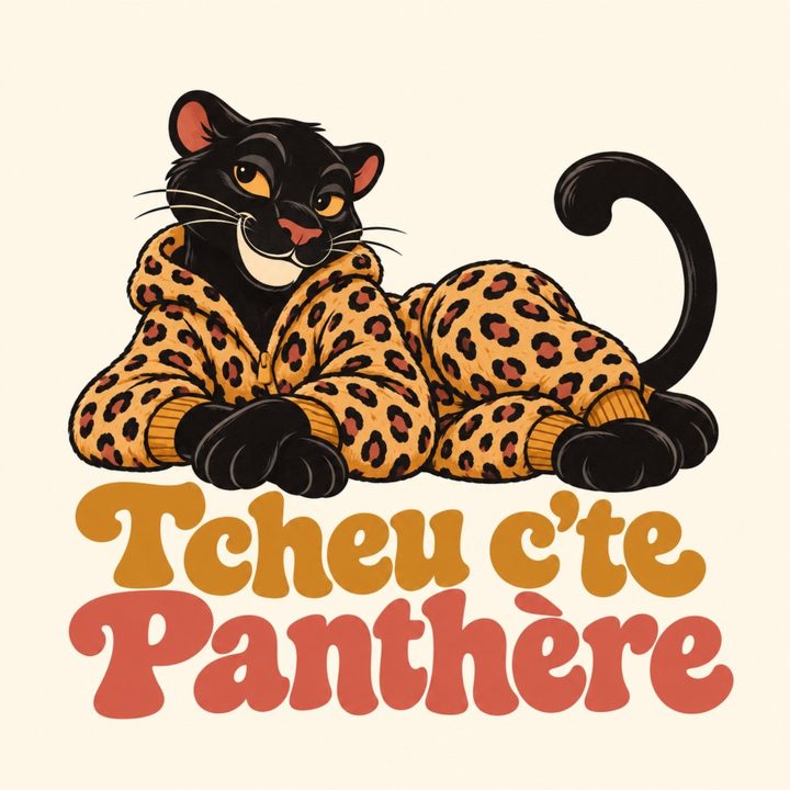Illustration d’une panthère noire allongée dans une combinaison léopard, avec le nom Tcheu c’te Panthère.